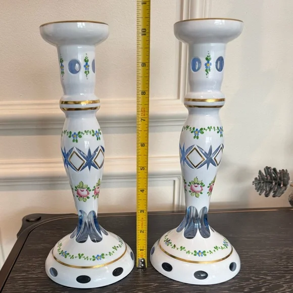 Vintage Pair CZECH BOHEMIAN Cut to Blue Glass Candlesticks
